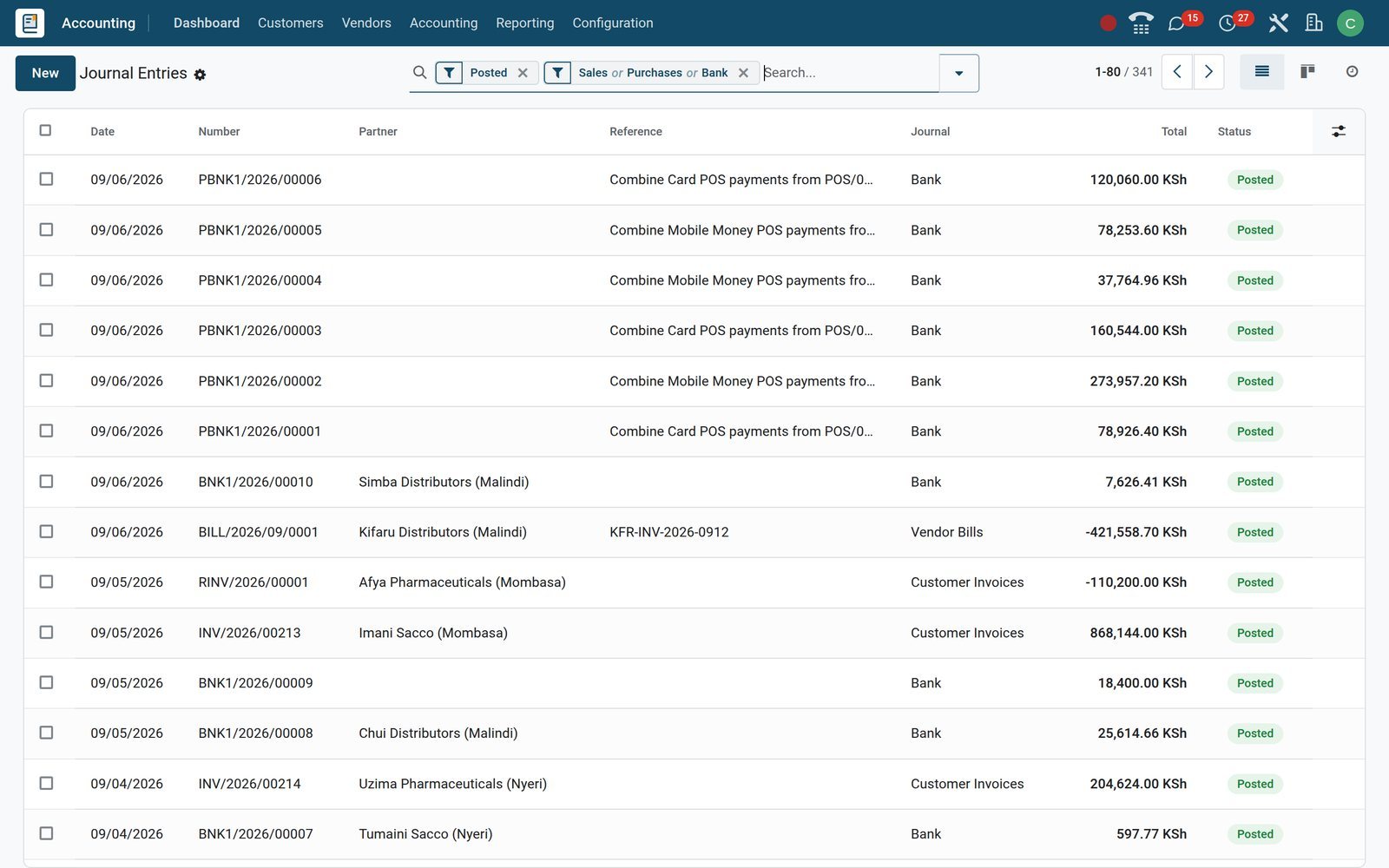 BridgeERP journal entries list with invoice, bill and bank entries