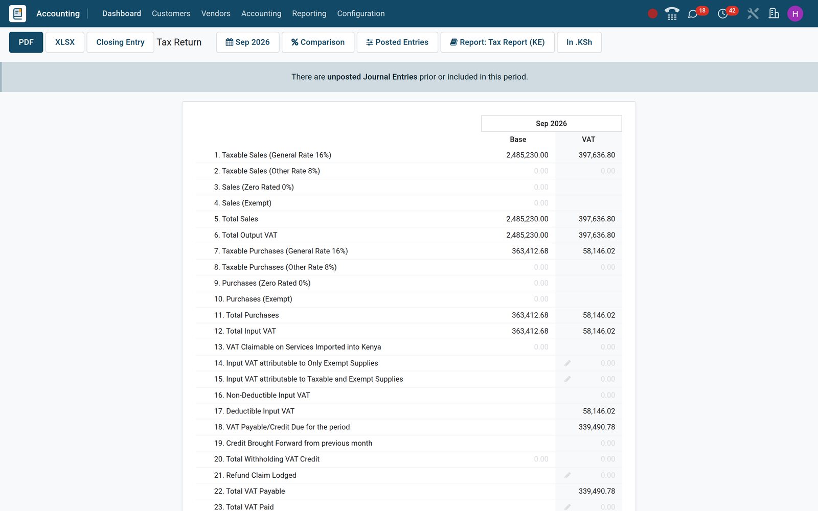 BridgeERP Tax Return report with net and tax amounts per VAT rate