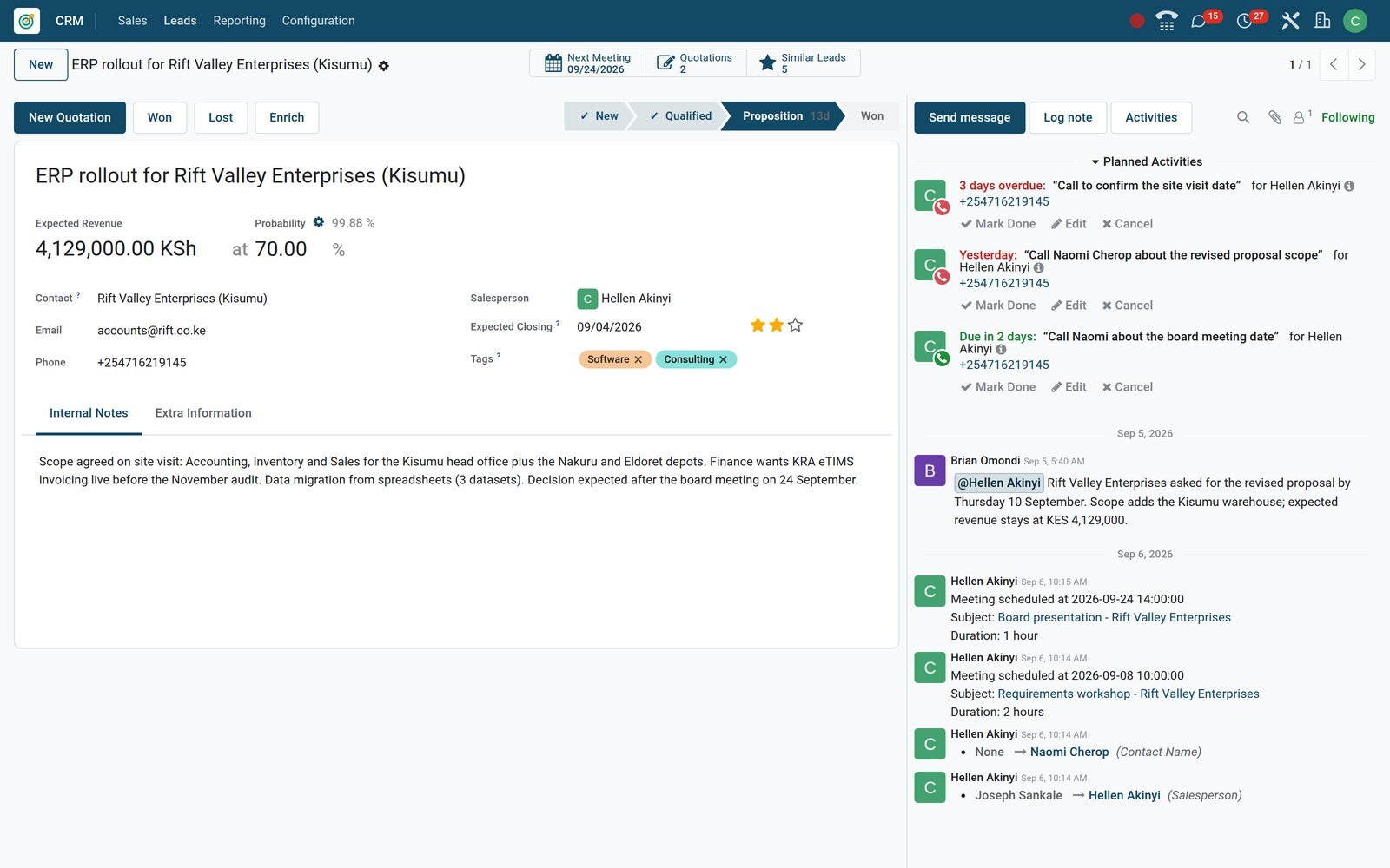 BridgeERP CRM opportunity form for ERP rollout for Rift Valley Enterprises (Kisumu) with revenue, probability, tags and three planned calls in the chatter beside it