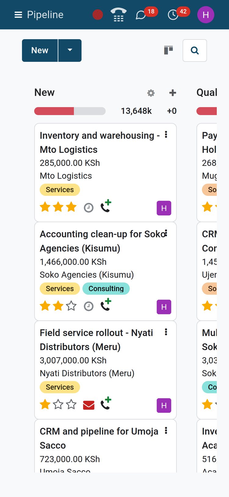 BridgeERP CRM pipeline on a phone screen showing one stage column of opportunity cards