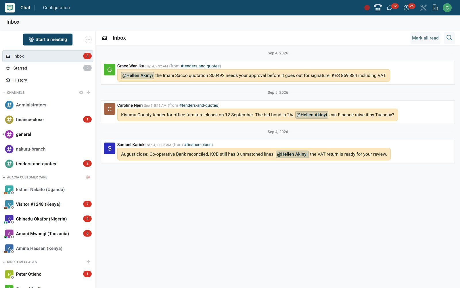 BridgeERP Discuss Inbox showing three unread mentions from the tenders-and-quotes and finance-close channels