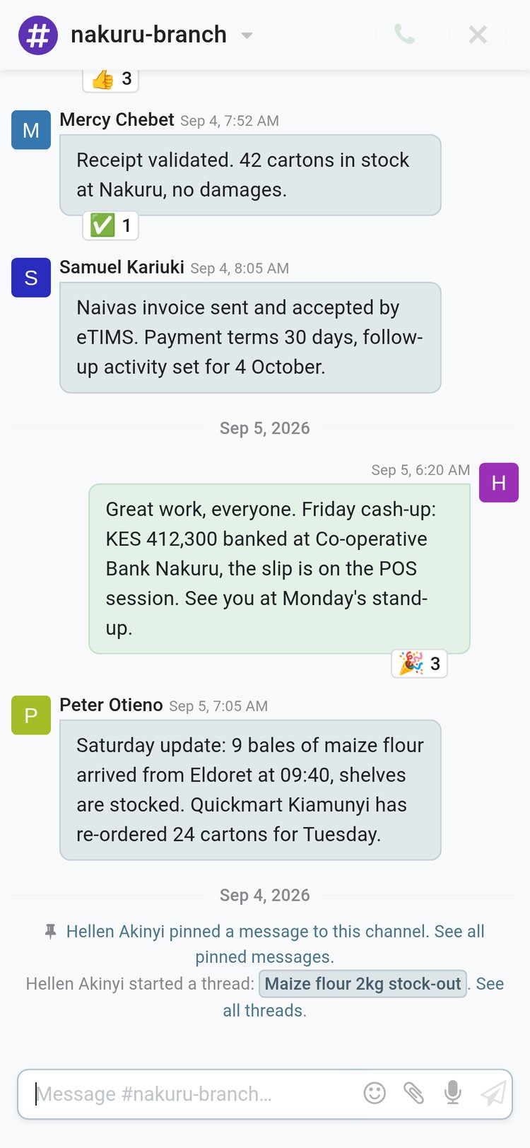 BridgeERP Discuss nakuru-branch channel on a phone screen with attachments and messages