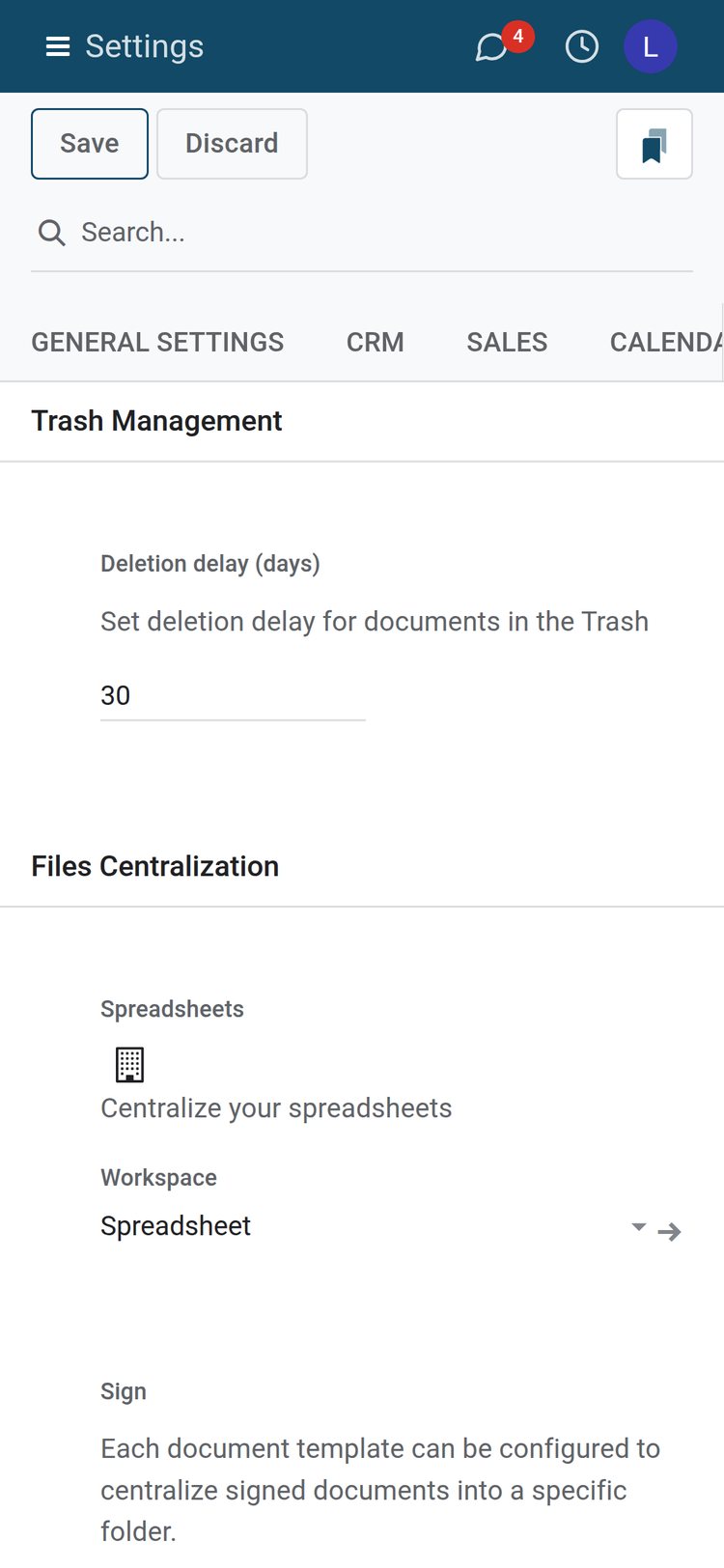 BridgeERP Documents settings on a phone: a 30-day trash delay and spreadsheets centralized in the Spreadsheet workspace