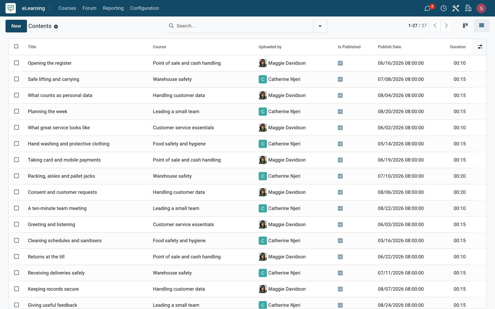 BridgeERP eLearning contents list