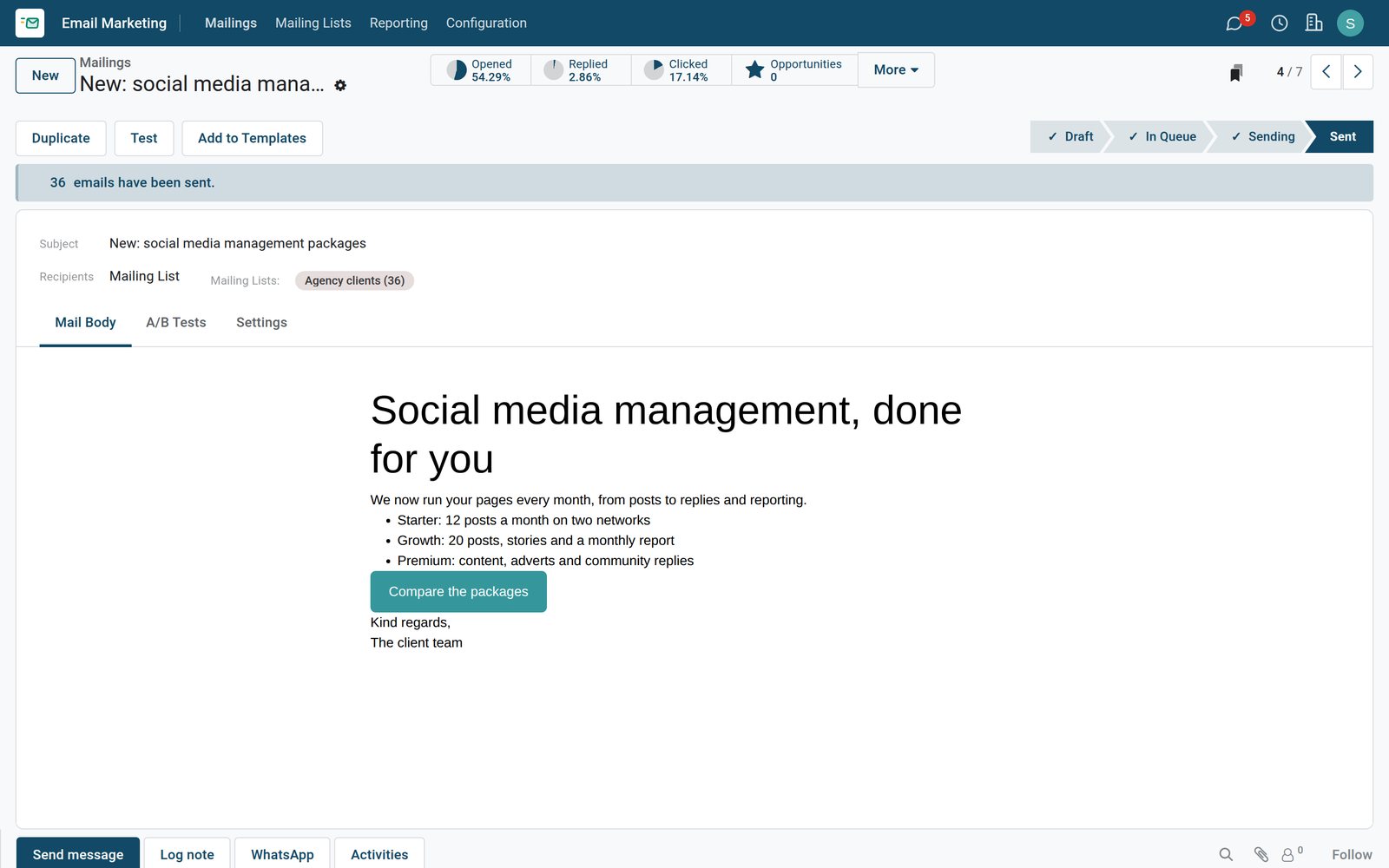 Email Marketing — a sent mailing with its open, reply and click rates