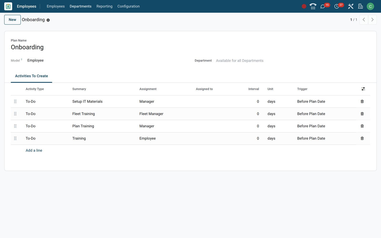 BridgeERP Onboarding activity plan form with four steps and their responsible roles