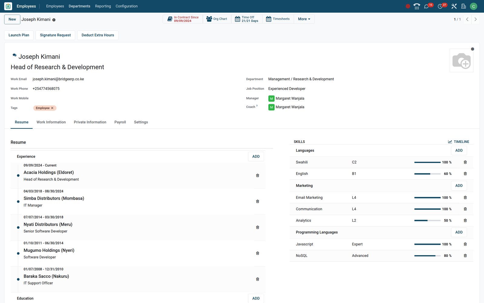 BridgeERP employee profile of Joseph Kimani with résumé timeline, skill levels and counter buttons