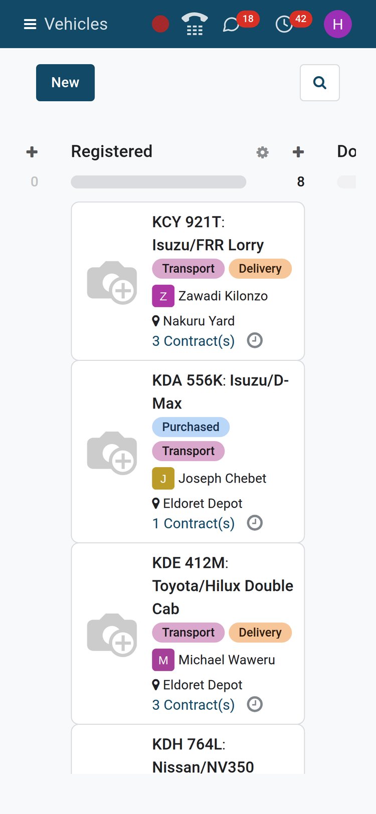 BridgeERP Fleet kanban on a phone screen showing registered vehicle cards with plates, tags, drivers and locations