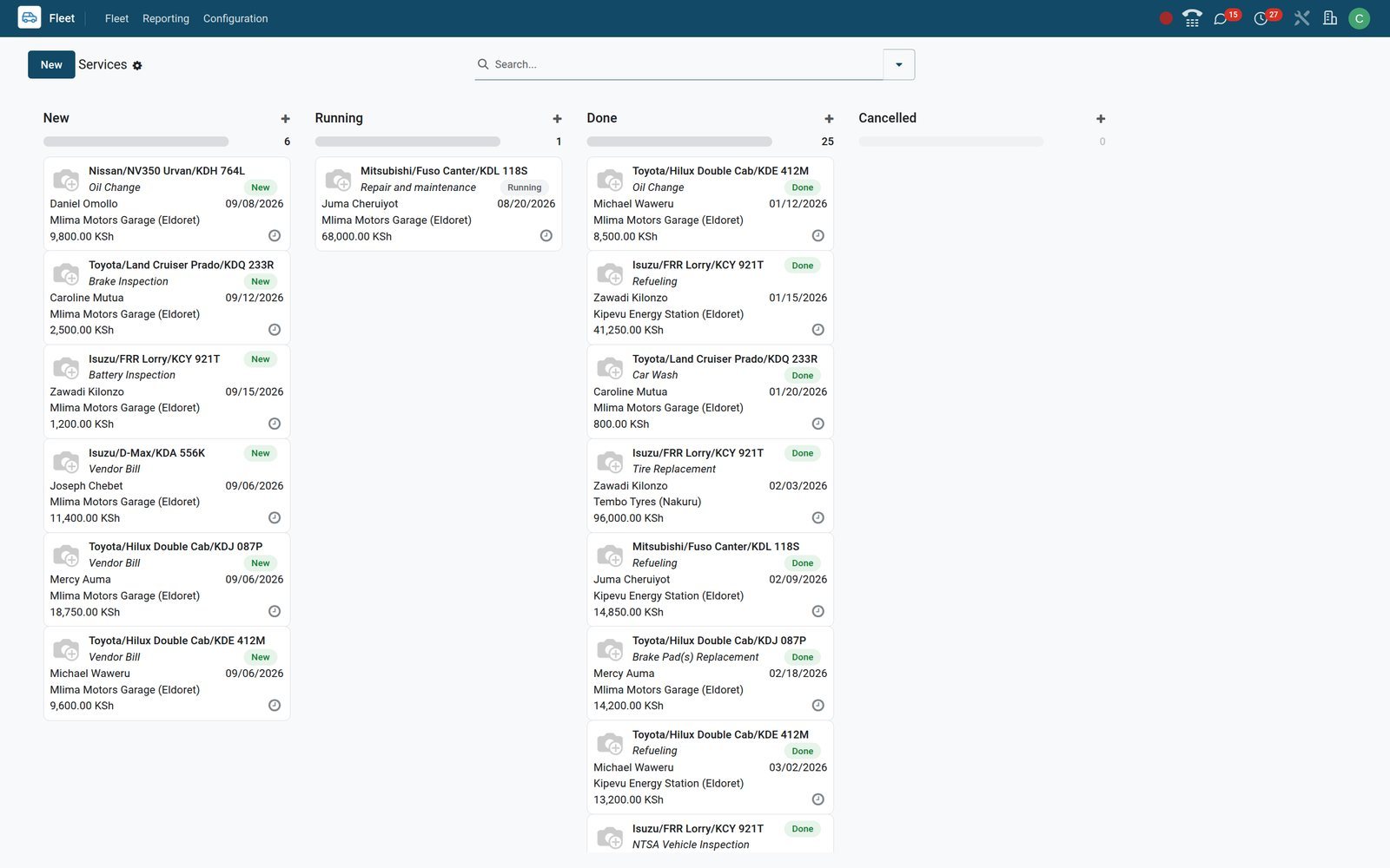 BridgeERP Fleet services kanban with New, Running and Done columns of service cards showing vehicle, type, vendor and cost