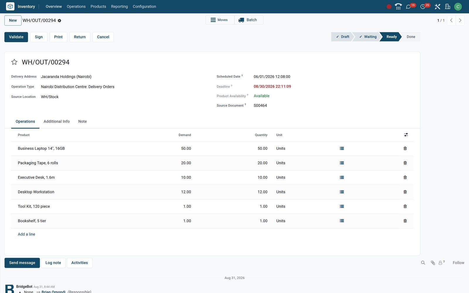 BridgeERP Inventory delivery order form with product lines, demand and quantity, and the Validate button