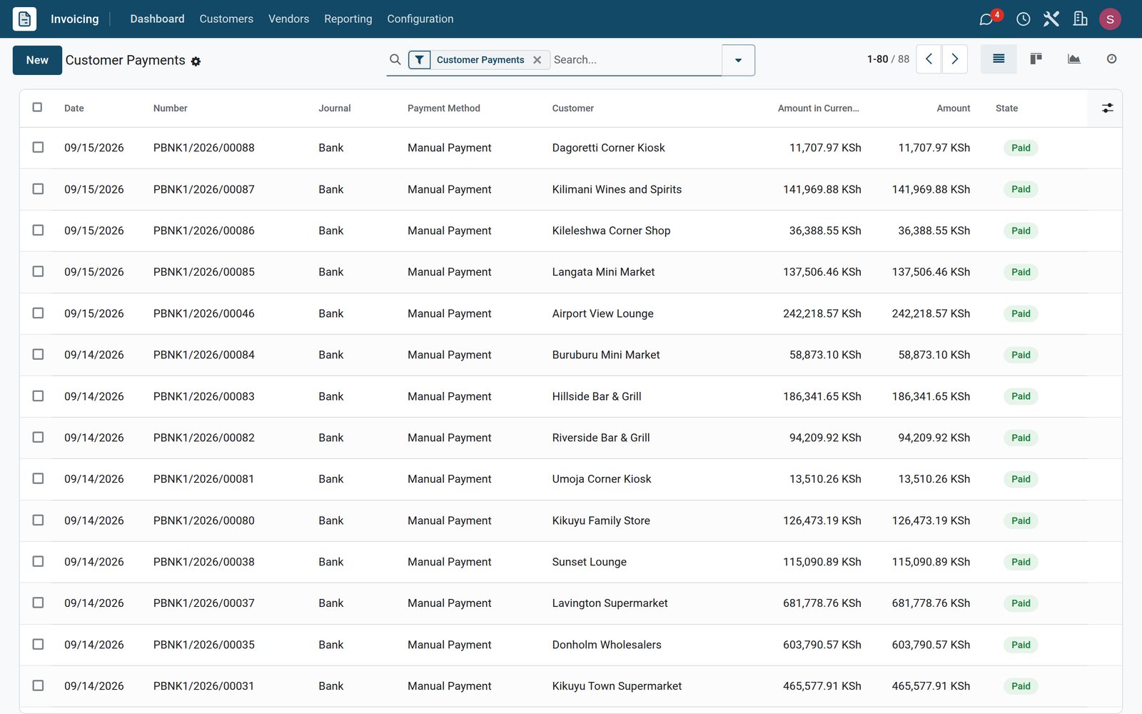 BridgeERP customer payments list with payment numbers, bank journal, customers, KSh amounts and Paid state