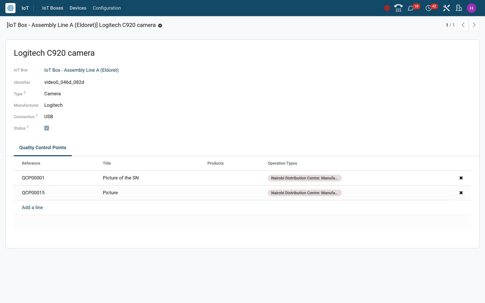 BridgeERP IoT device form for a USB camera listing the work order steps that take a picture