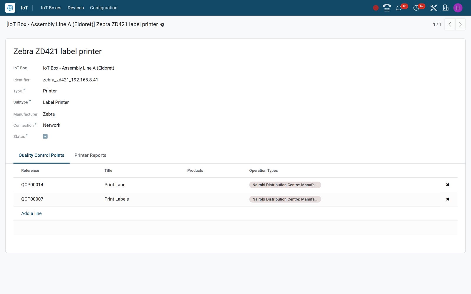 BridgeERP IoT device form for a Zebra label printer with its print-label work order steps