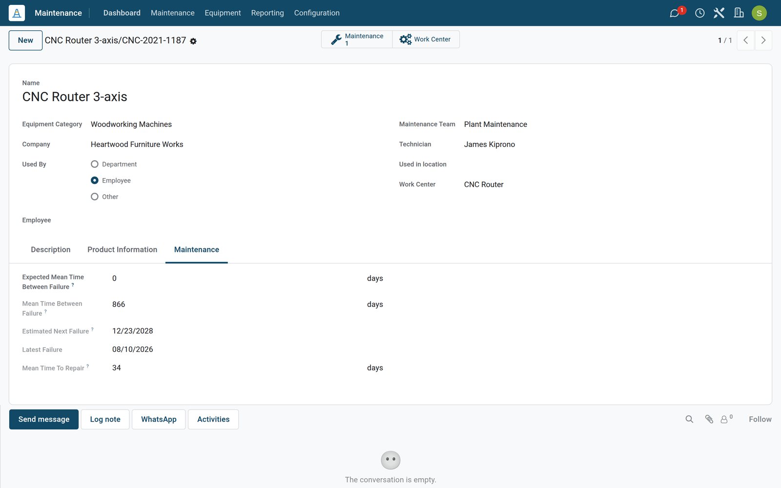 BridgeERP equipment form with MTBF, MTTR and expected next failure