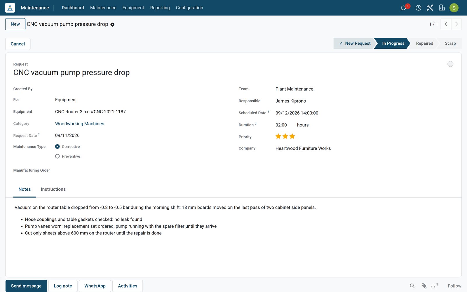 BridgeERP corrective maintenance request form