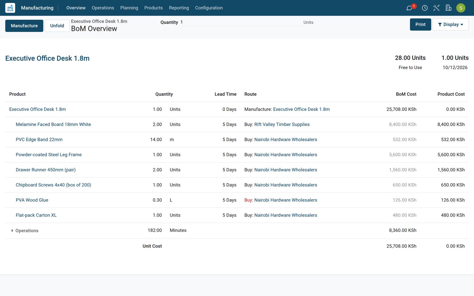 BridgeERP bill of materials overview with components, operations and costs