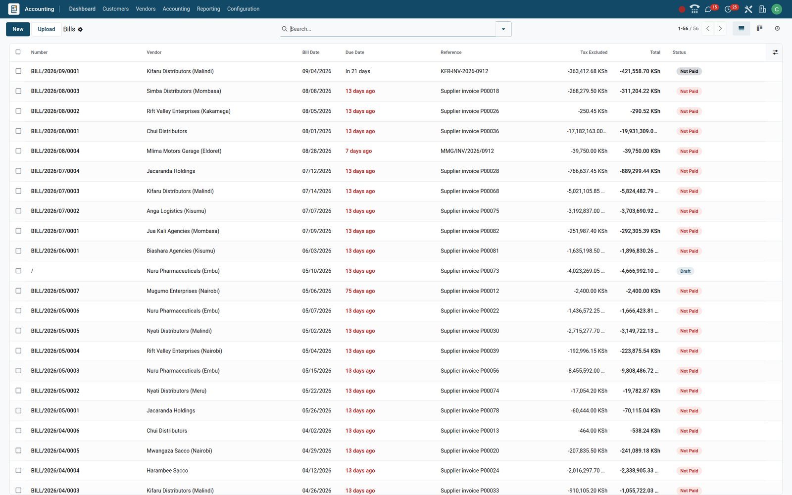 BridgeERP vendor bills list in Accounting with bill and due dates, vendor references, totals and payment status