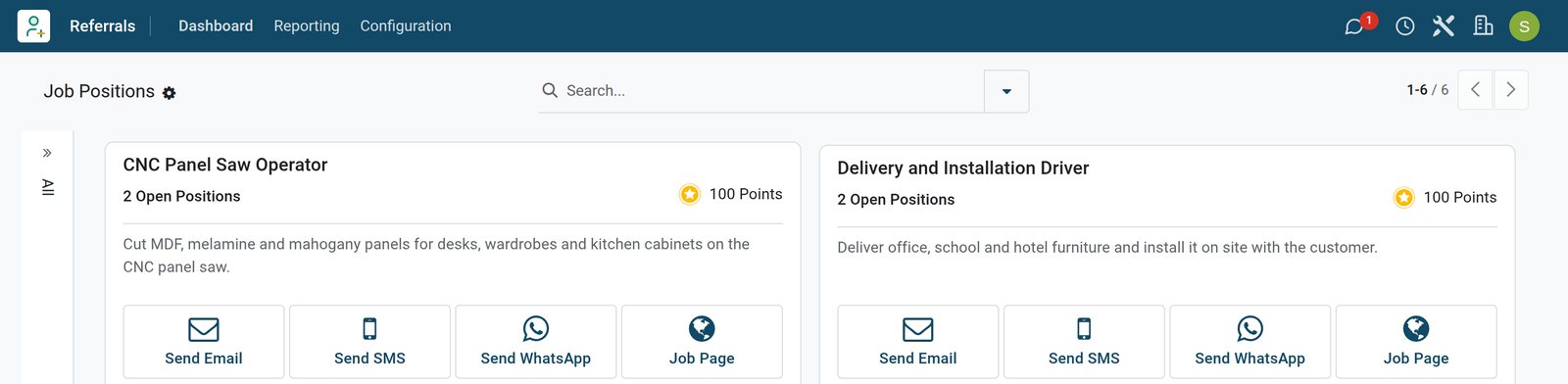 BridgeERP Referrals job positions with open positions, points and sharing buttons