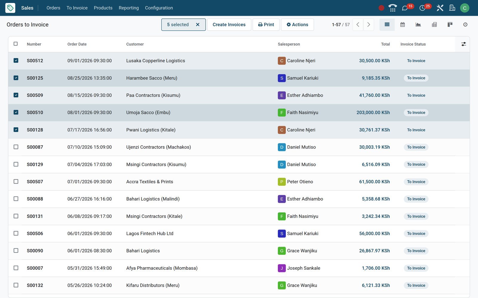 BridgeERP Orders to Invoice list with the Create Invoices button