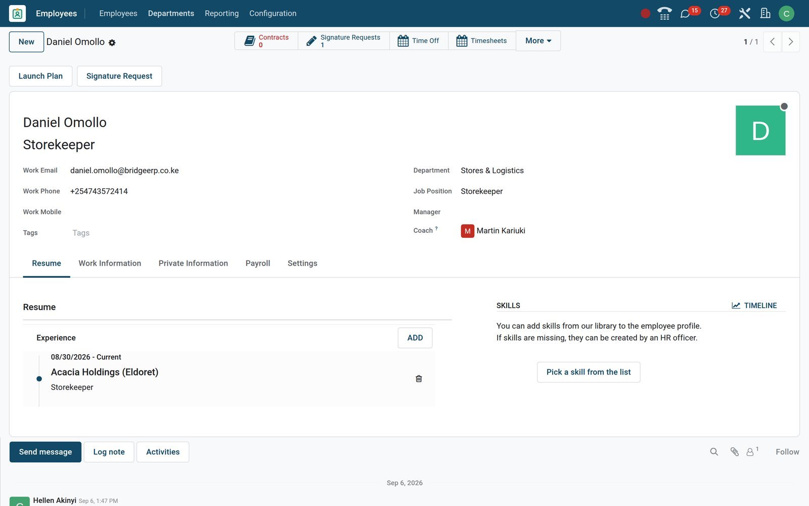 BridgeERP employee form with the Signature Request button and a Signature Requests counter