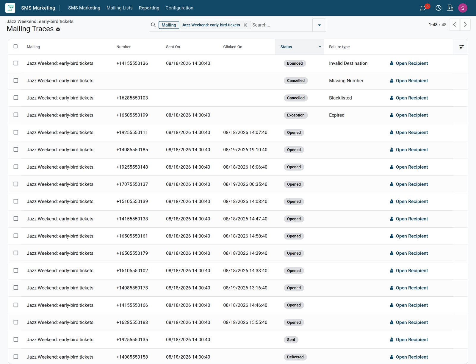 BridgeERP SMS marketing delivery status for each phone number