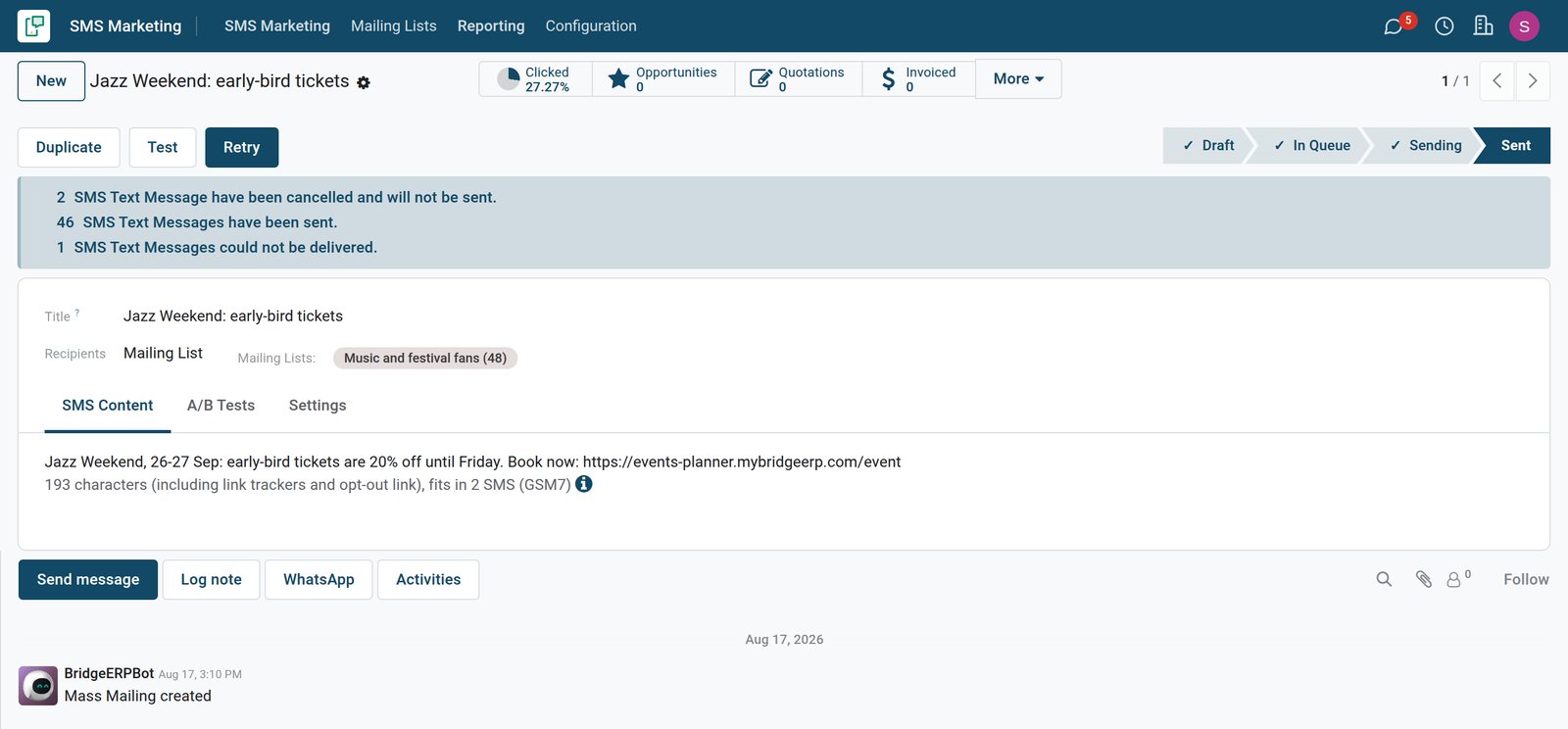 SMS Marketing in BridgeERP: Reach every customer's phone with one message