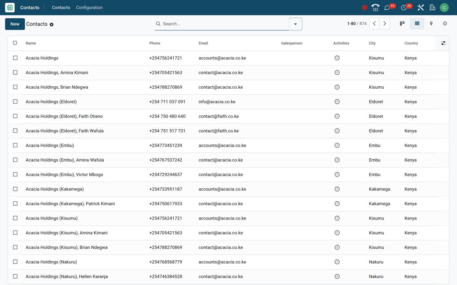 Contacts list view in BridgeERP, the kind of list that can be inserted into a dashboard