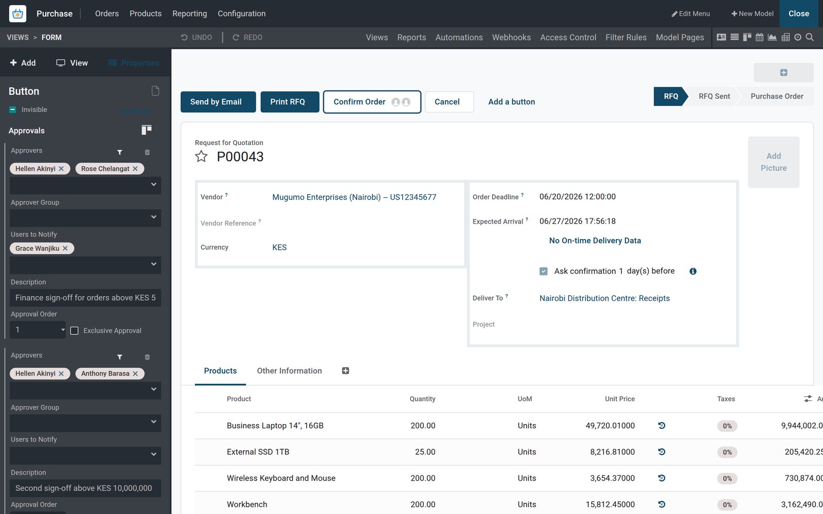 BridgeERP Studio form editor with the Confirm Order button selected and its two approval rules in the sidebar
