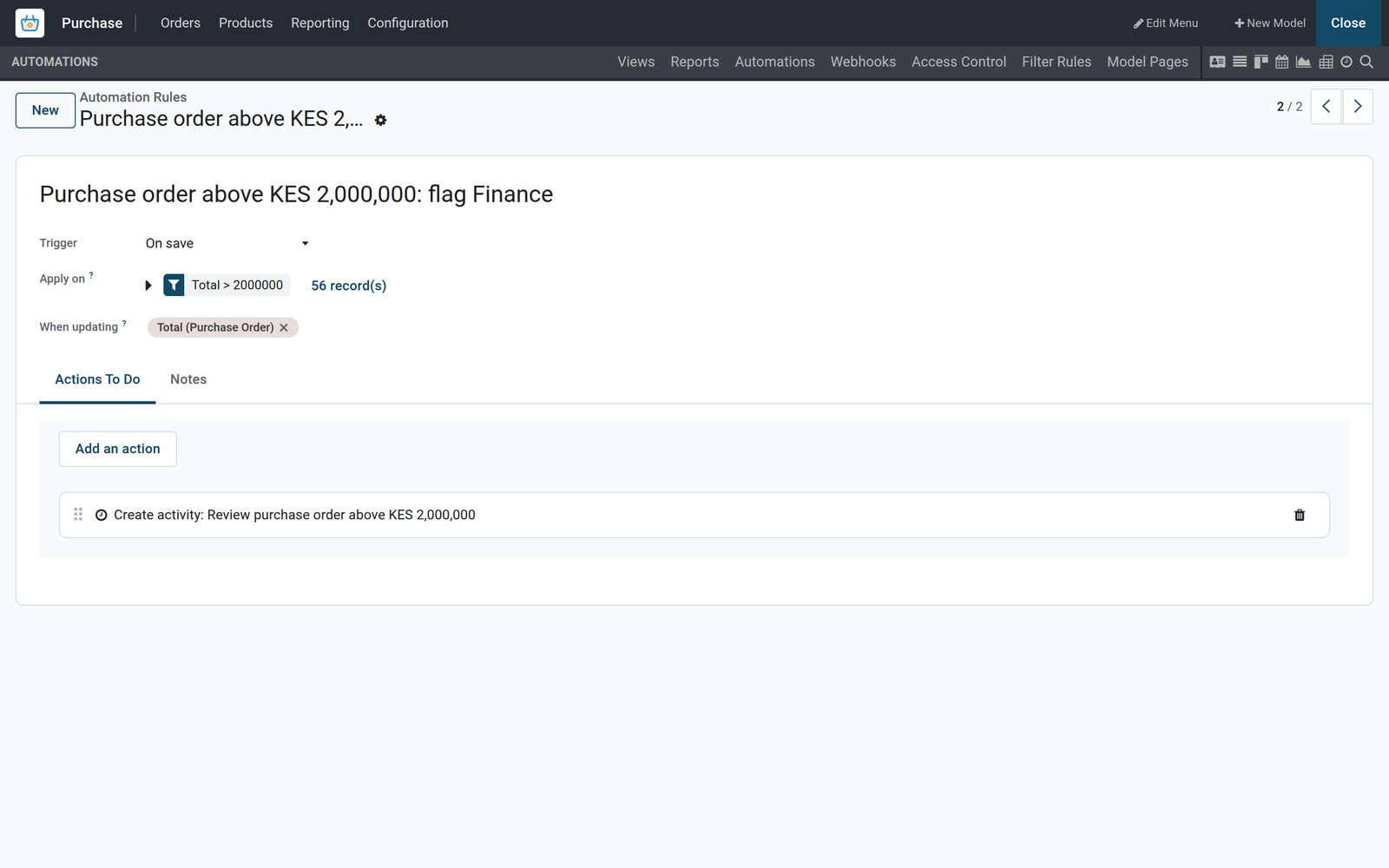 BridgeERP automation rule form for purchase orders above KES 2,000,000 with its trigger, condition and Create Activity action