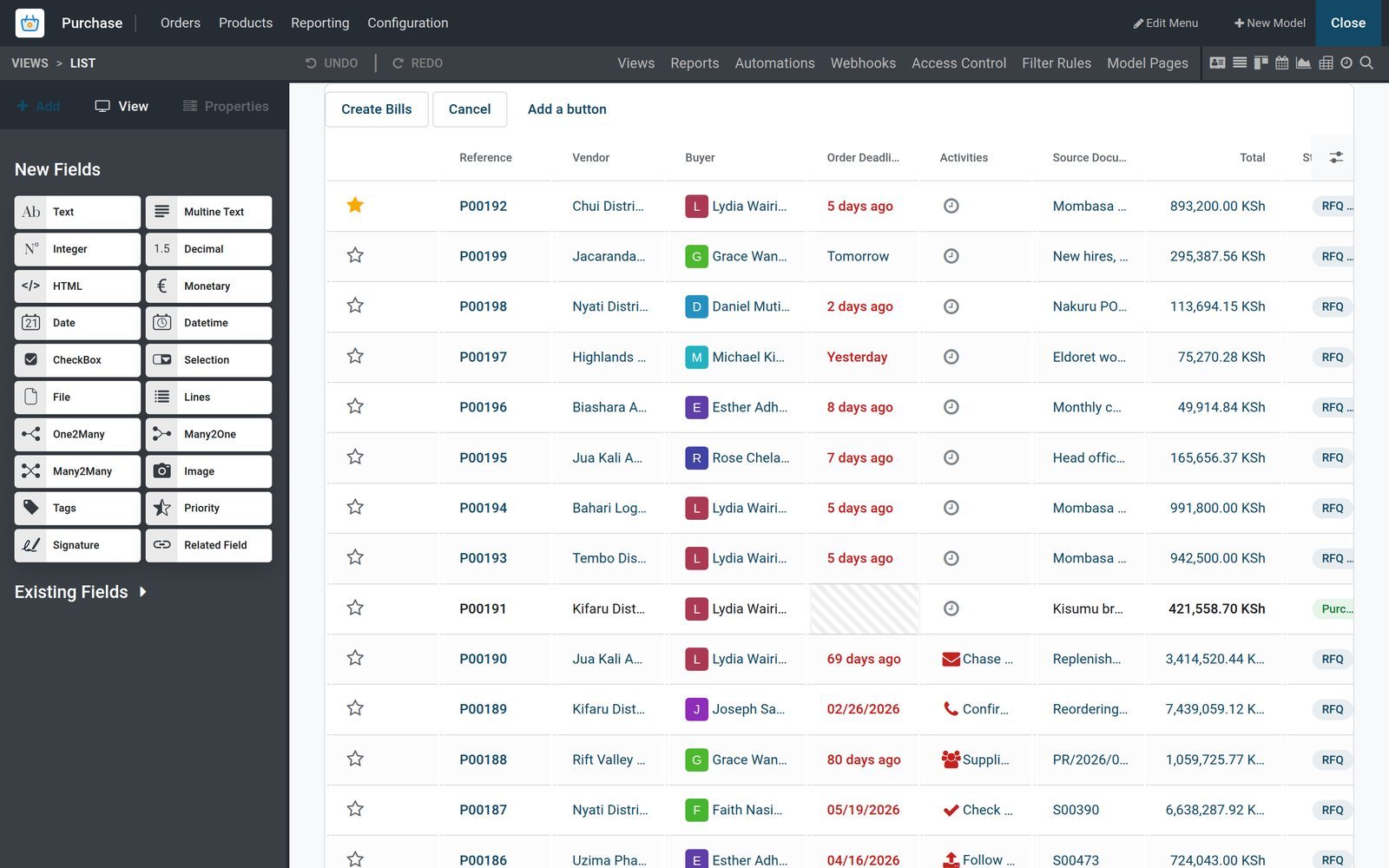 BridgeERP Studio list editor on the Purchase Requests for Quotation list with the New Fields sidebar