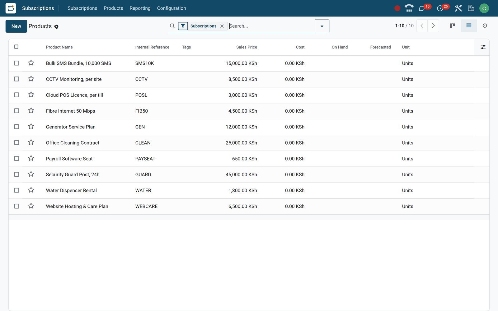BridgeERP subscription products list with names and sales prices