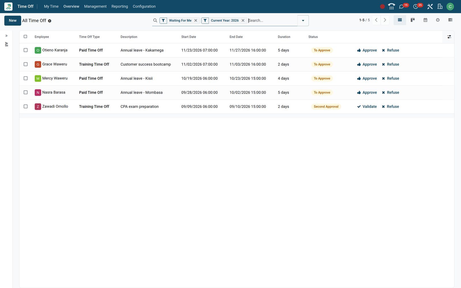 BridgeERP Time Off approvals list with pending employee requests and Approve and Refuse buttons