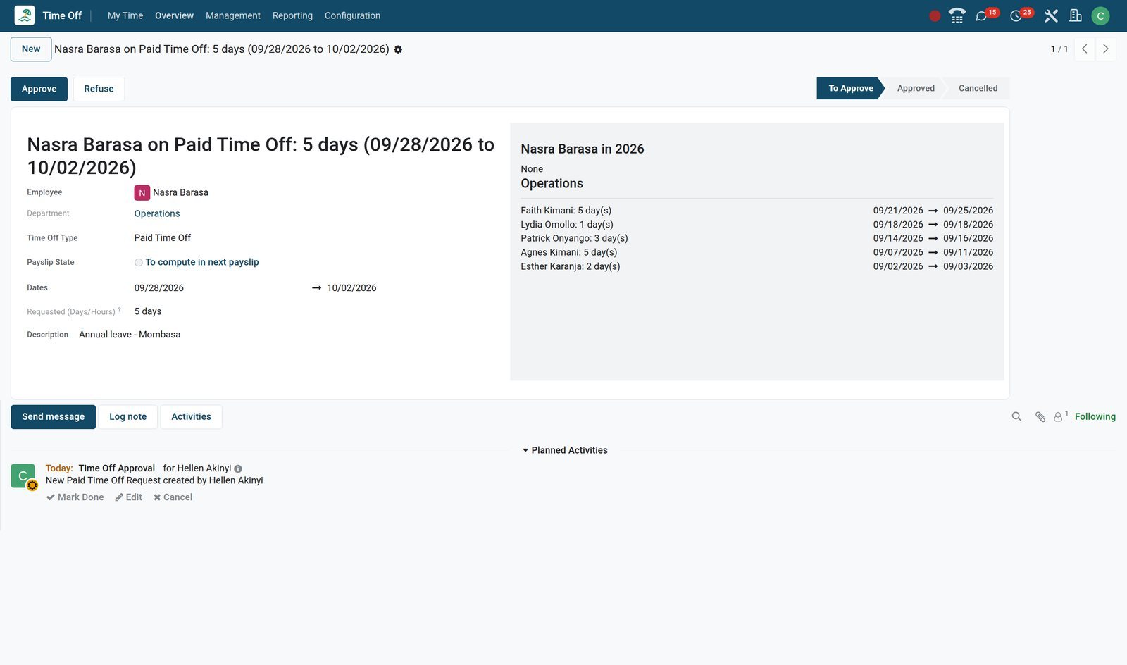 BridgeERP time off request form for Nasra Barasa with Approve and Refuse buttons