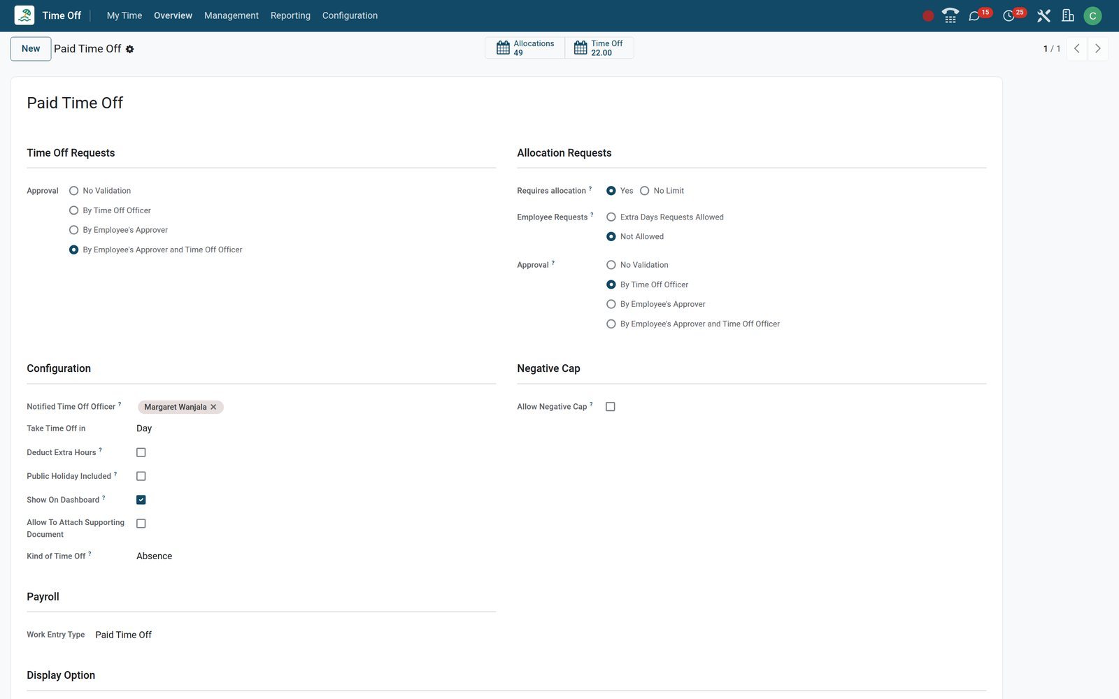 BridgeERP Paid Time Off leave type form with approval, allocation, negative cap and payroll settings