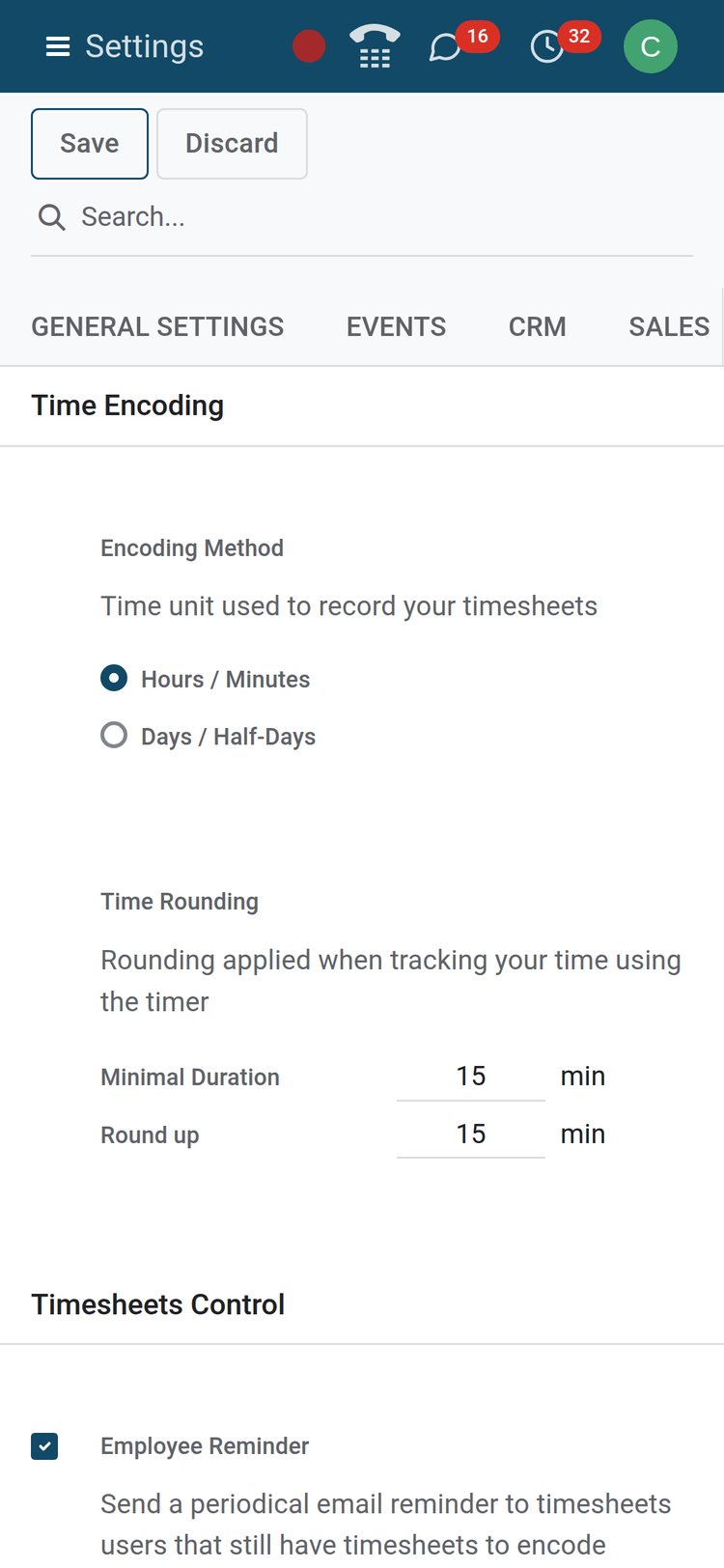 BridgeERP Timesheets settings on a phone: hours and minutes encoding, 15-minute rounding and the employee reminder