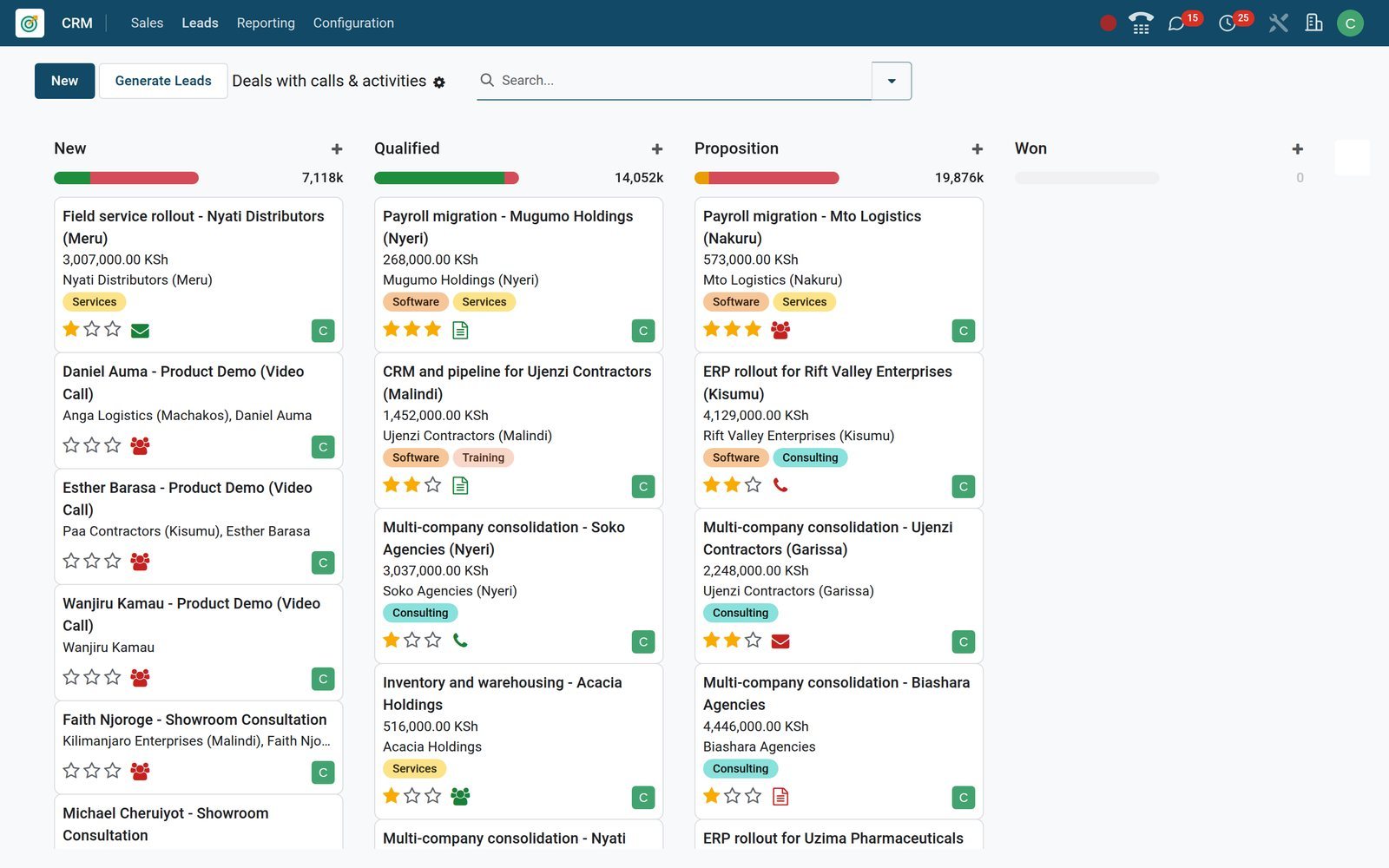 BridgeERP CRM kanban of opportunities with scheduled activities grouped by stage