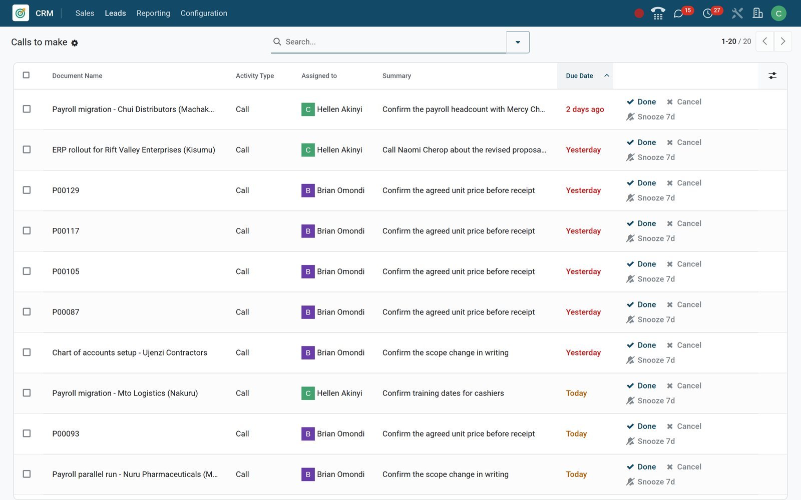 BridgeERP list of call activities across CRM, Purchase, Recruitment and Project with owners, summaries and due dates