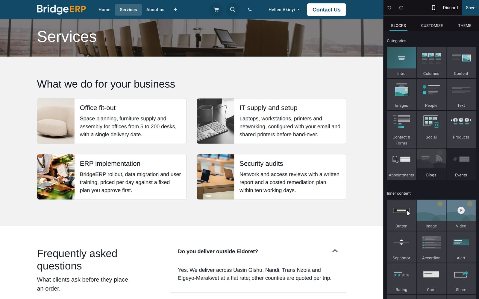 Website Builder — the Services page in edit mode with the Blocks panel: intro, columns, forms, products, blogs and events blocks to drag onto the page