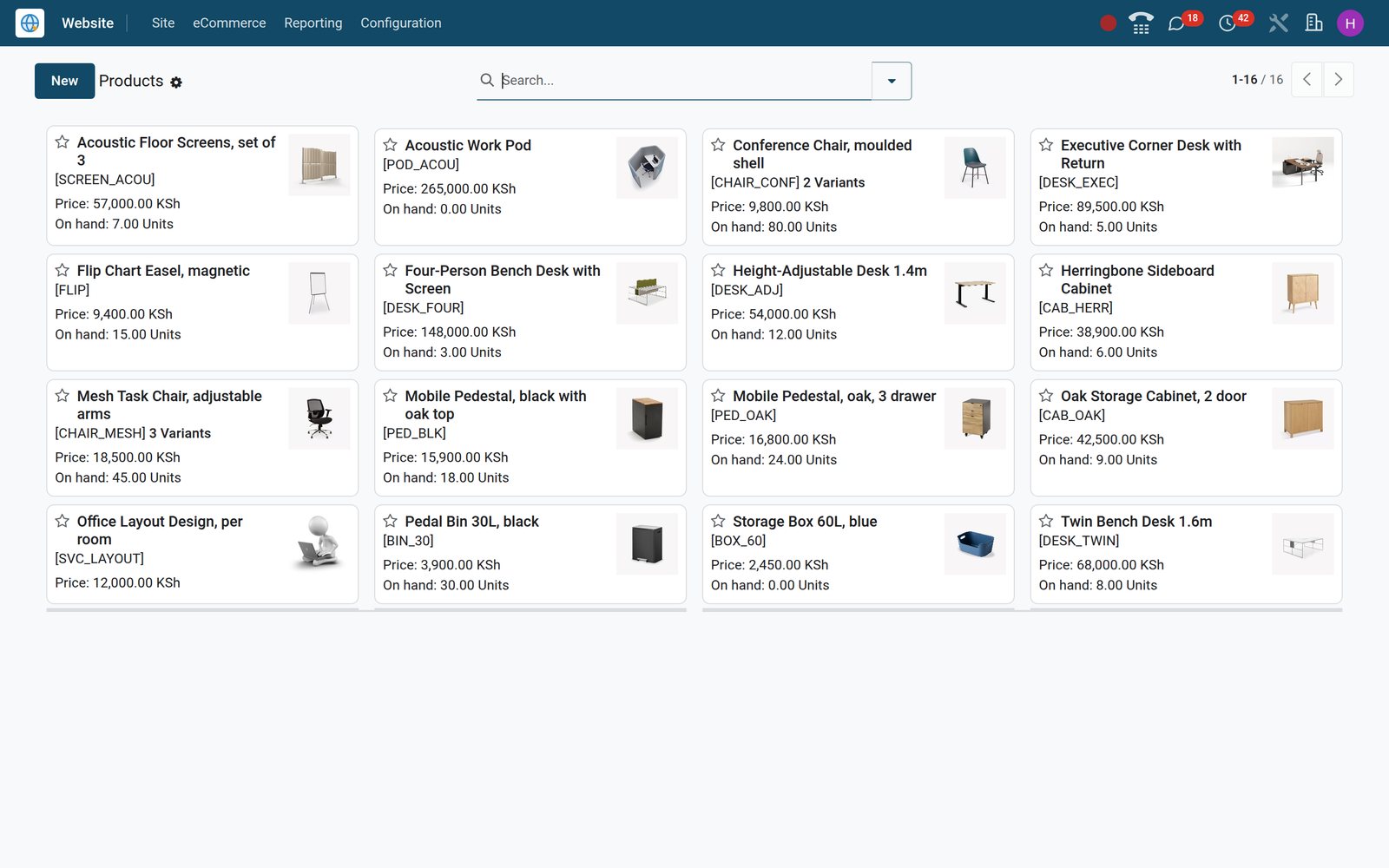 BridgeERP eCommerce product catalogue shown as cards with photos and prices