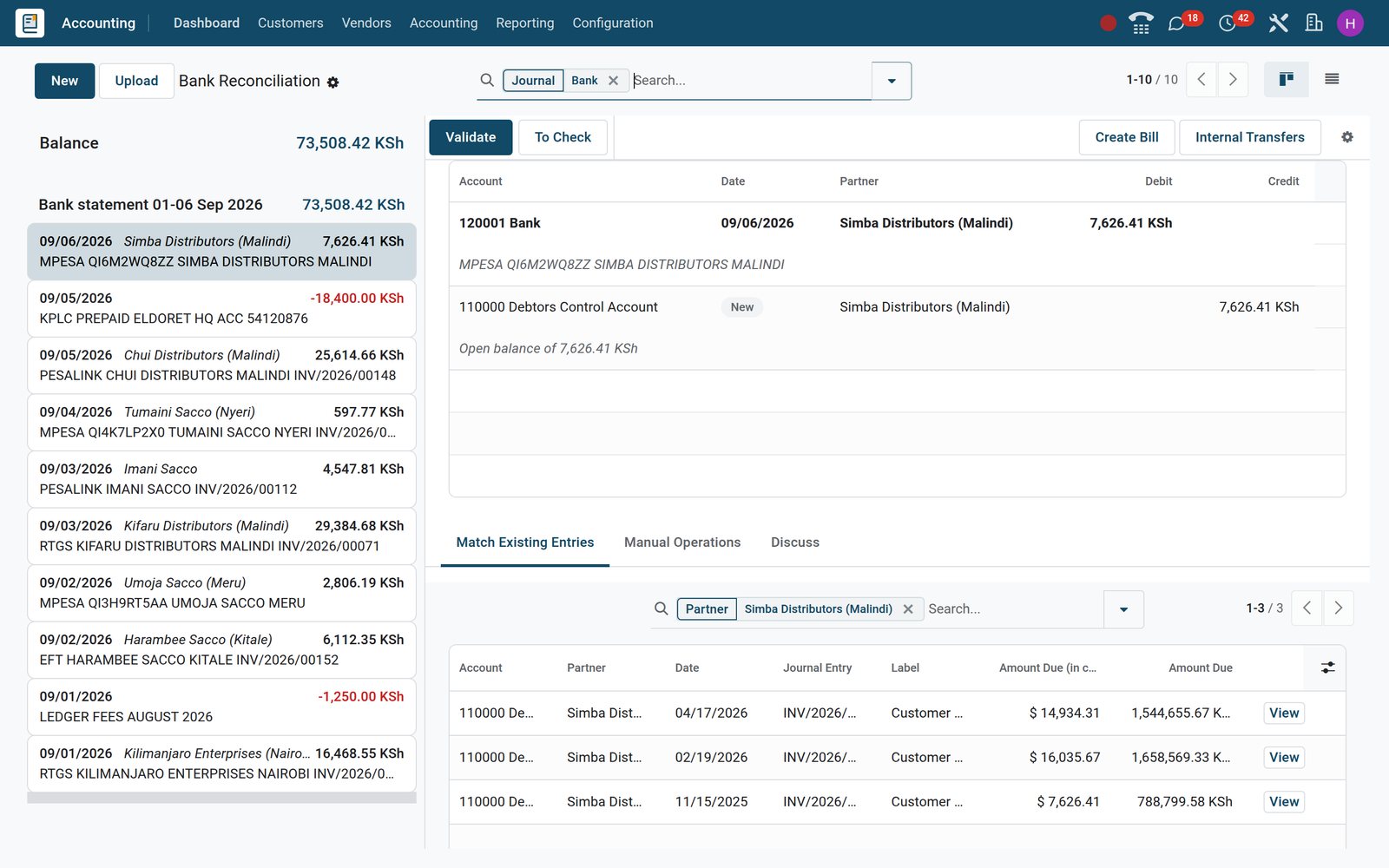 The bank reconciliation screen, each statement line matched to the open invoice it pays