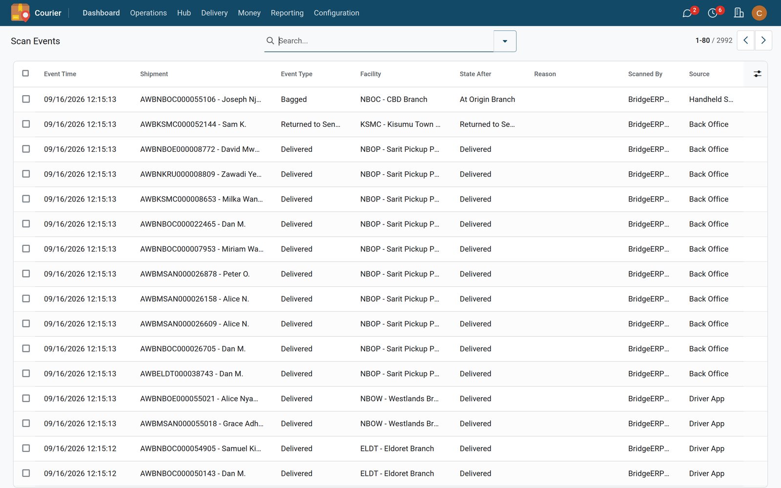 Scan events across branches in BridgeERP Courier