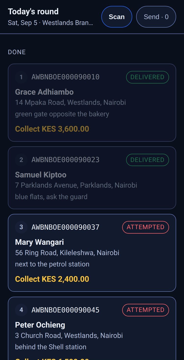 Driver app on a phone with the day's numbered stops