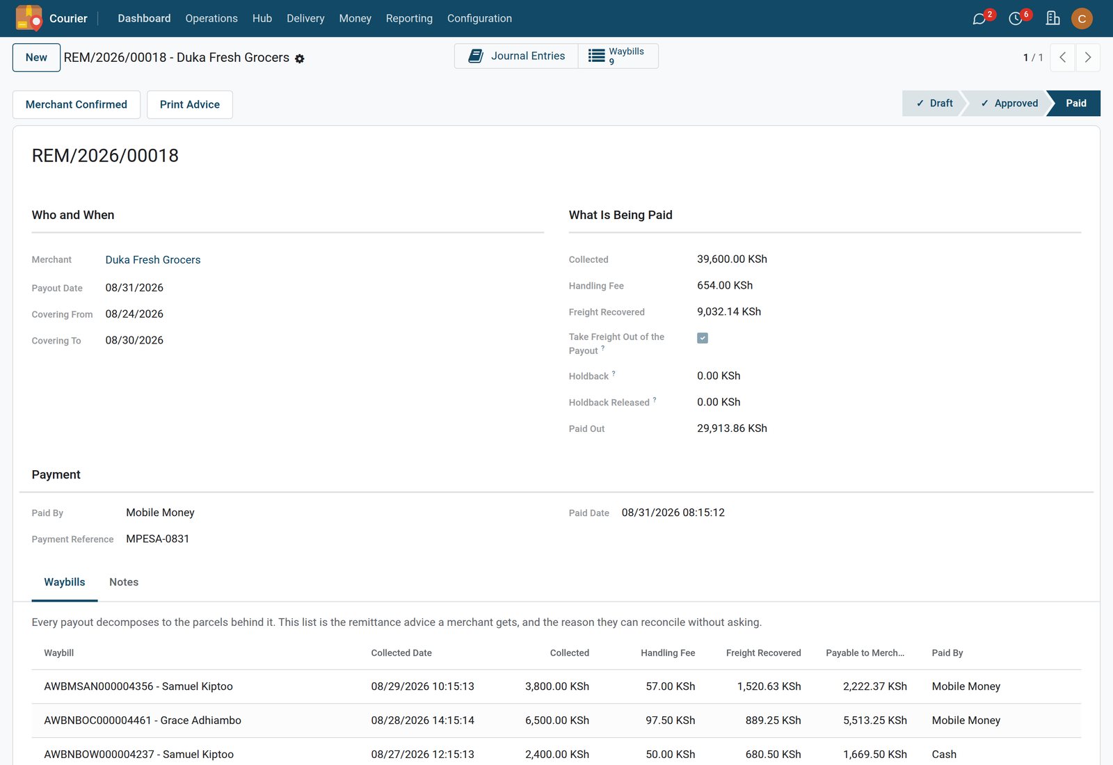 Cash on Delivery — Shipper payout detail