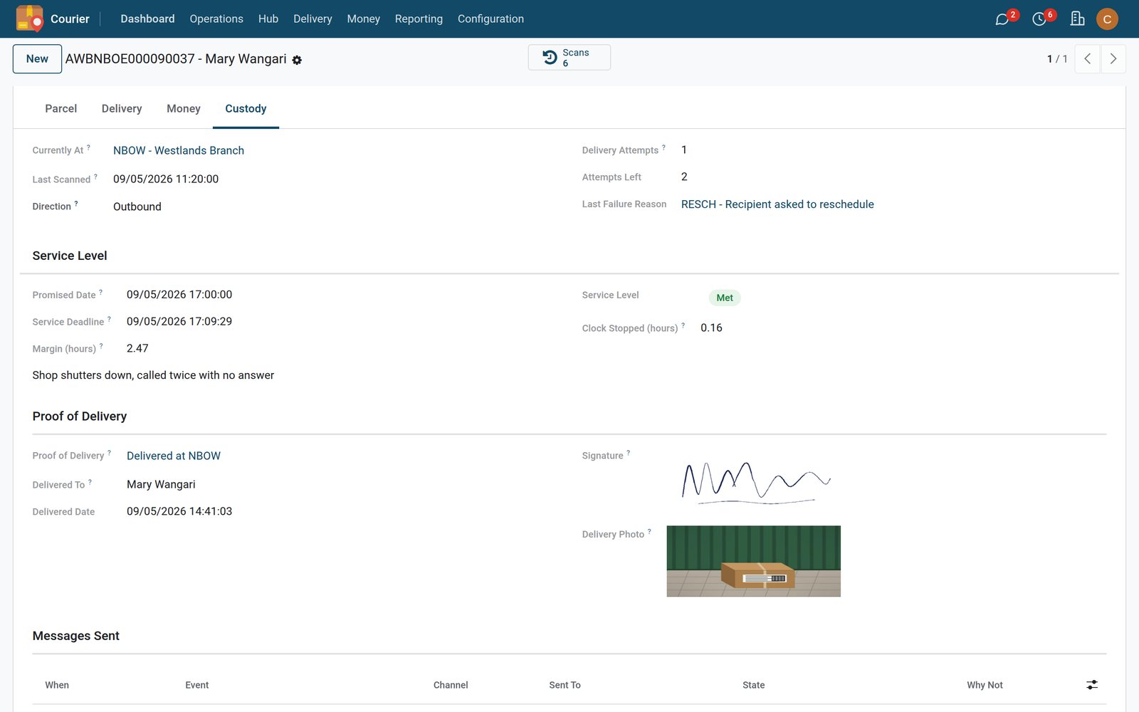 Tracking in the Bridge Courier: Status history, photo proof of delivery and public tracking pages