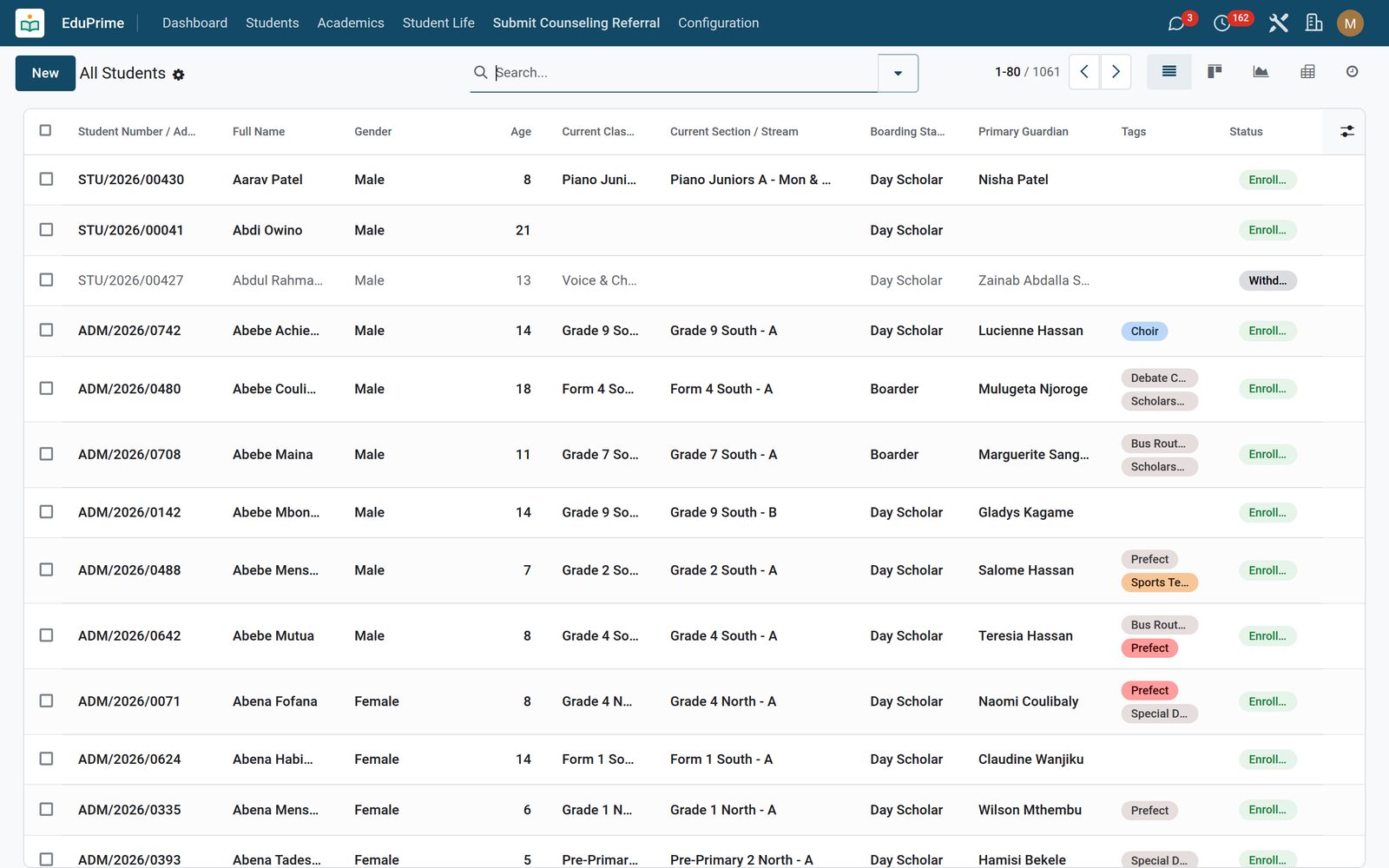 EduPrime Core: Students & Guardians — one living student record