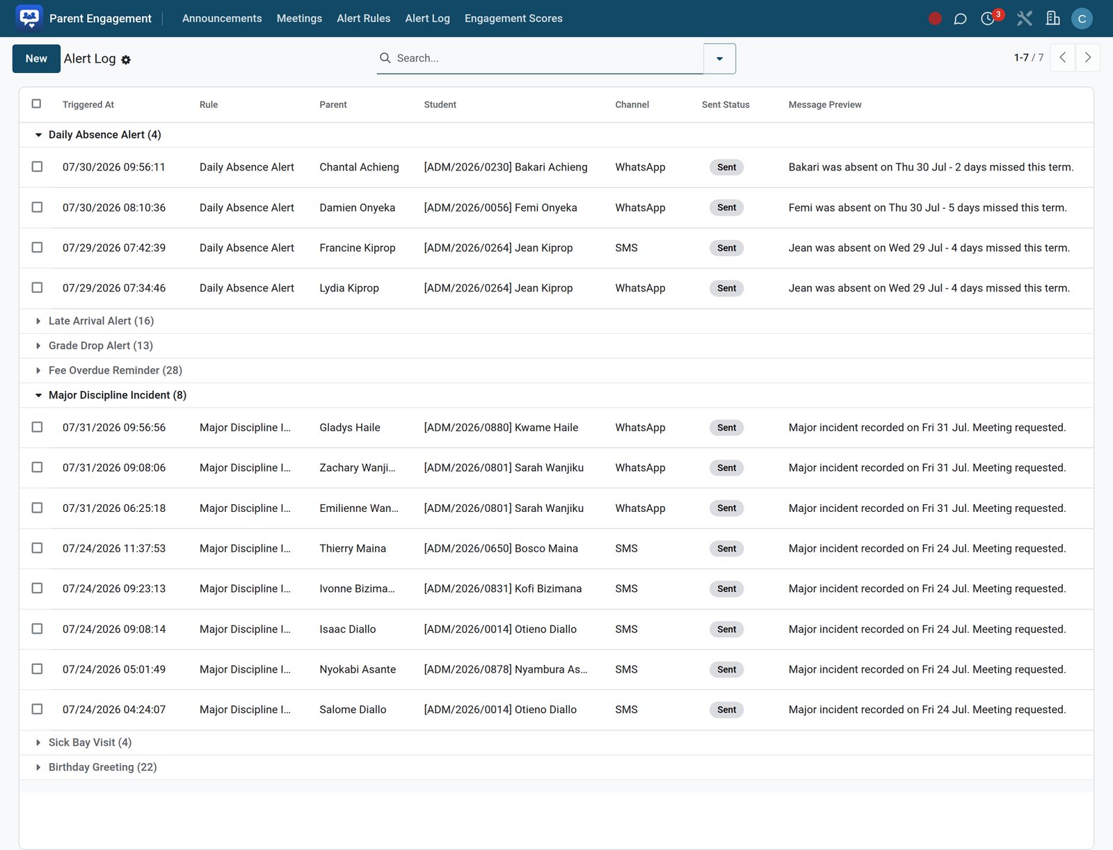 Parent Portal — The alert log