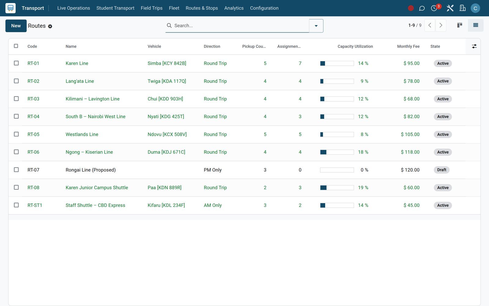 School Transport in the EduPrime: Routes, stops, vehicle assignment, GPS tracking and a driver app