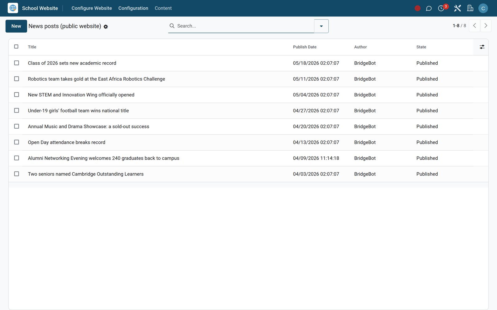School Website in the EduPrime: Public school site with news, calendar and application forms — included at no extra charge