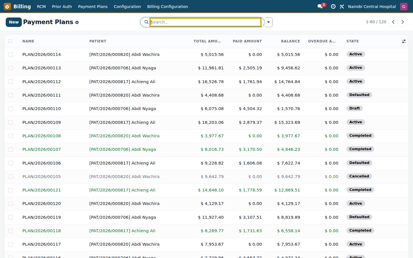 Billing & Cashiering screen