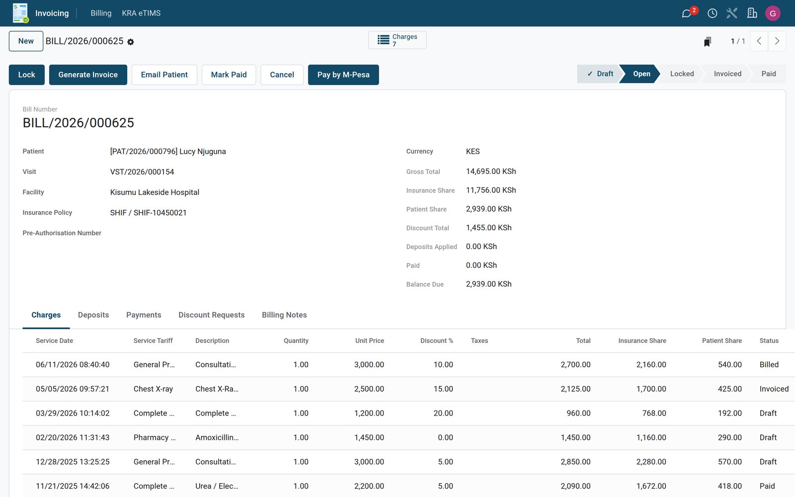 Billing & Cashiering — Visit bill with insurer split